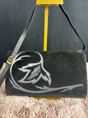 BALLY Vintage Black Suede Envelope Clutch Shoulder Bag Silver Leaf Motif EUC